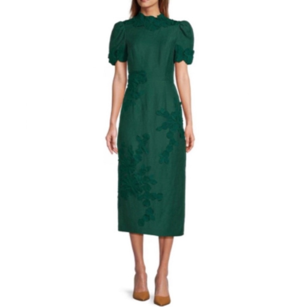 Antonio Melani Willow Elegant Green Midi Dress with Floral Appliqué Details
